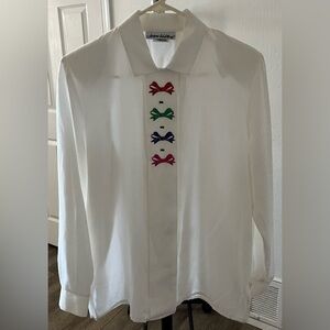 Vintage Joan Walters White Long Sleeve Blouse with Embroidered Bows Women’s M